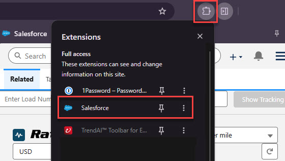 The Chrome extension button is selected highlighting the Salesforce browser extension.